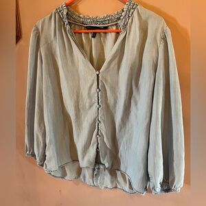 White House Black Market light blue tie front top.